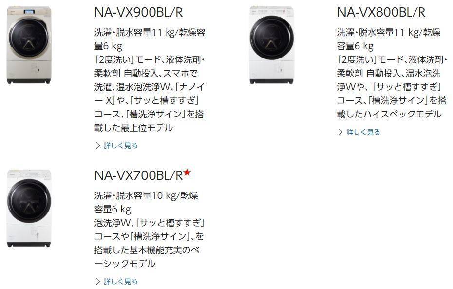 パナソニックドラム式洗濯機「NA-VX900B」と下位モデルとの比較