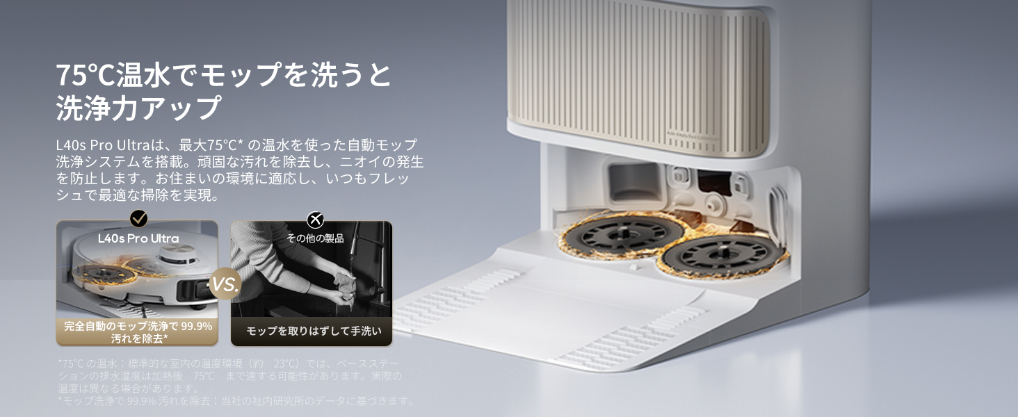 75℃温水によるモップ自動洗浄システム