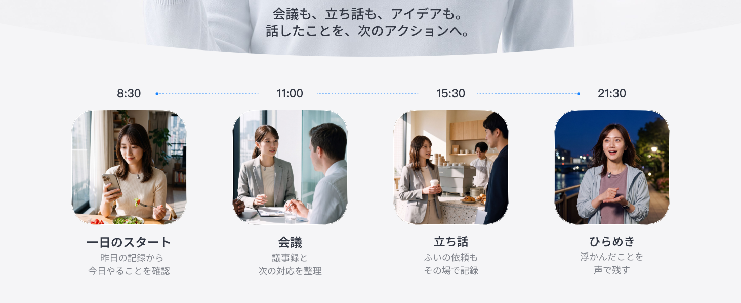 会議や立ち話やひらめきなど1日の会話を次のアクションへつなげる活用シーン